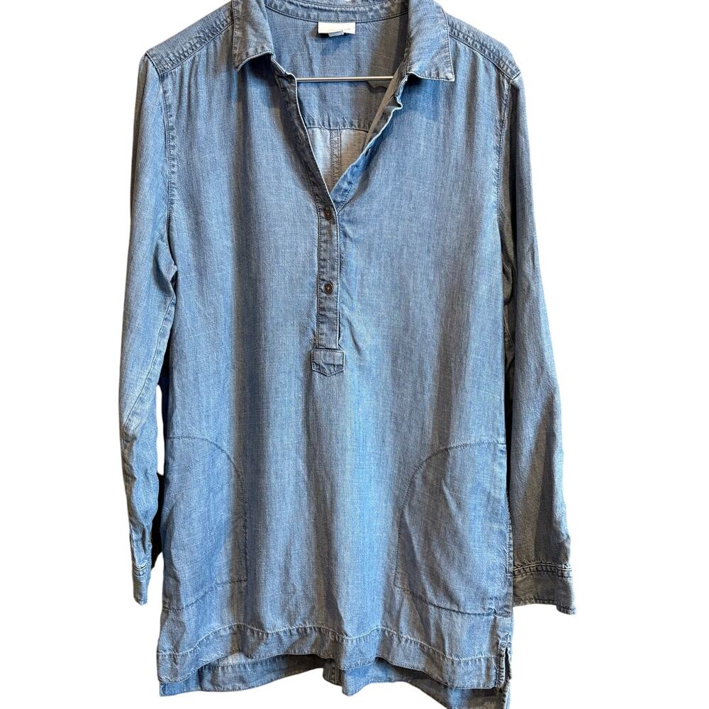 J Jill Dress Womens Medium Blue Chambray Dress Linen Blend Pockets